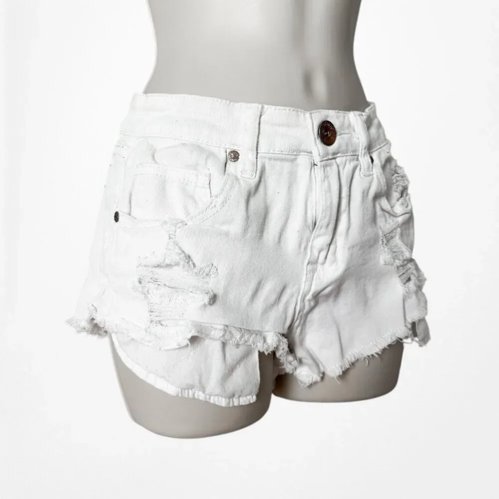 Vintage Y2K 90s White High Waisted Distressed Destroyed Denim Shorts Size XS/S